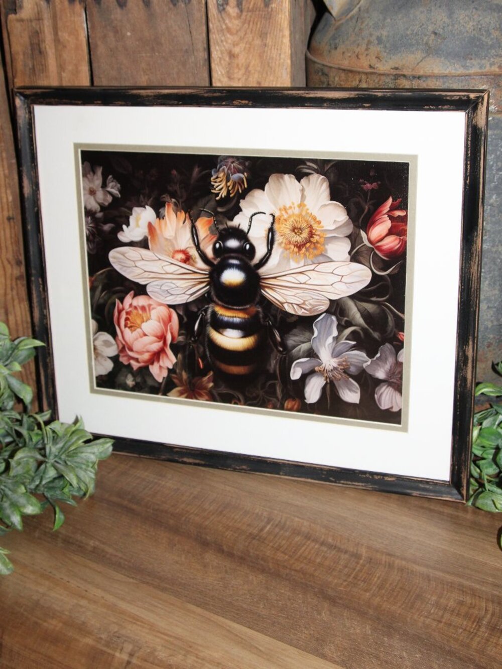 Dark Moody Bumble Bee & Floral French Academia Wall Decor Picture in VTG Frame